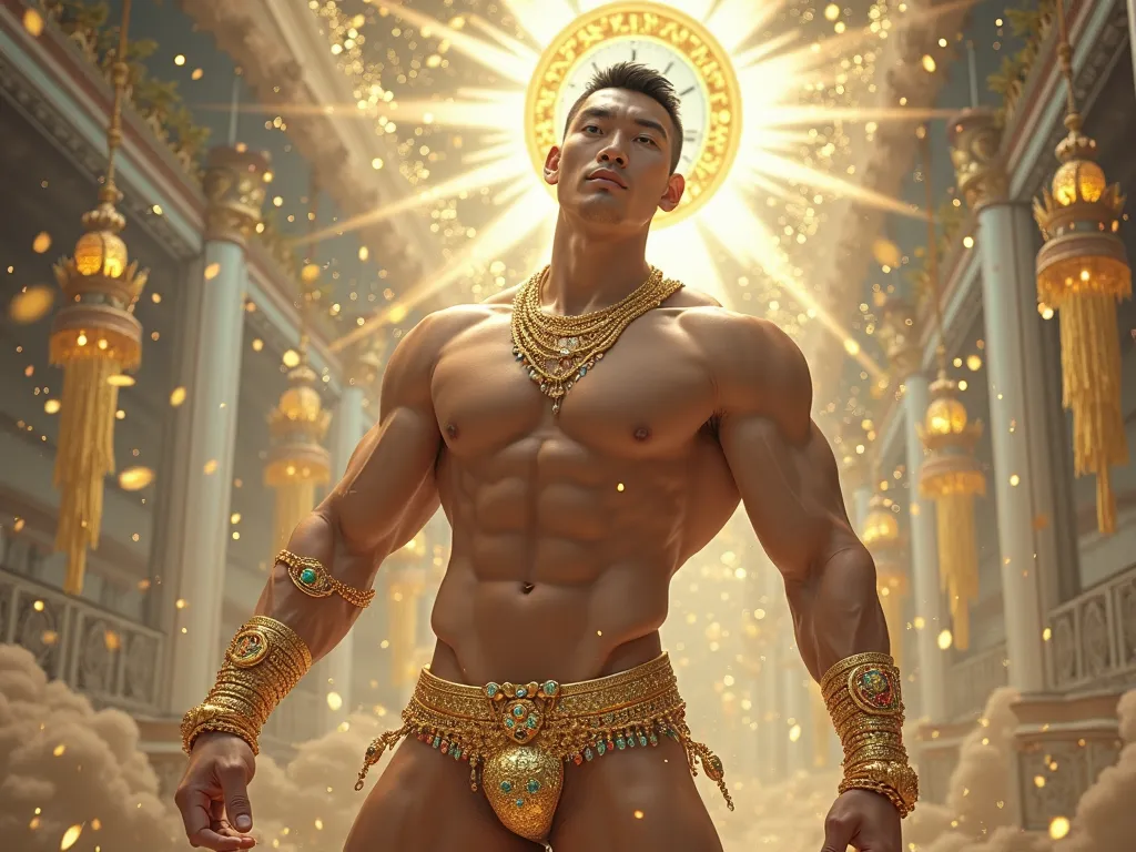 A muscular asian man is in a wonderland, 20yo,  He is extremely muscular body can be seen, The emphasis is on the male body. Above his head is a halo surrounded by a white cloud and a golden holy light., (Its body is adorned with gold chains with precious ...