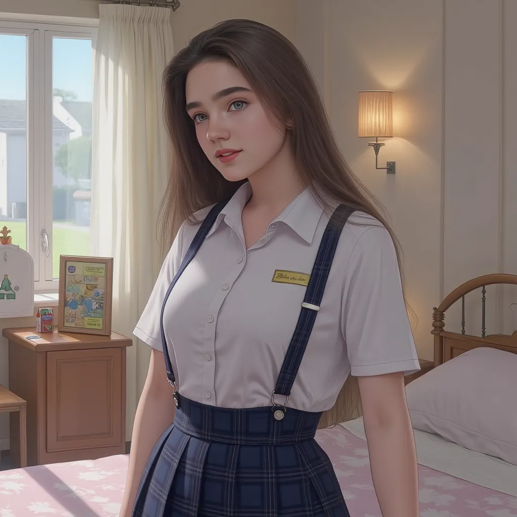 one girl、pretty girl Jennifer Connelly wearing a neat high school uniform shirt and a dark blue plaid pleated skirt with black ribbon ties and straps、In a sunny bedroom、