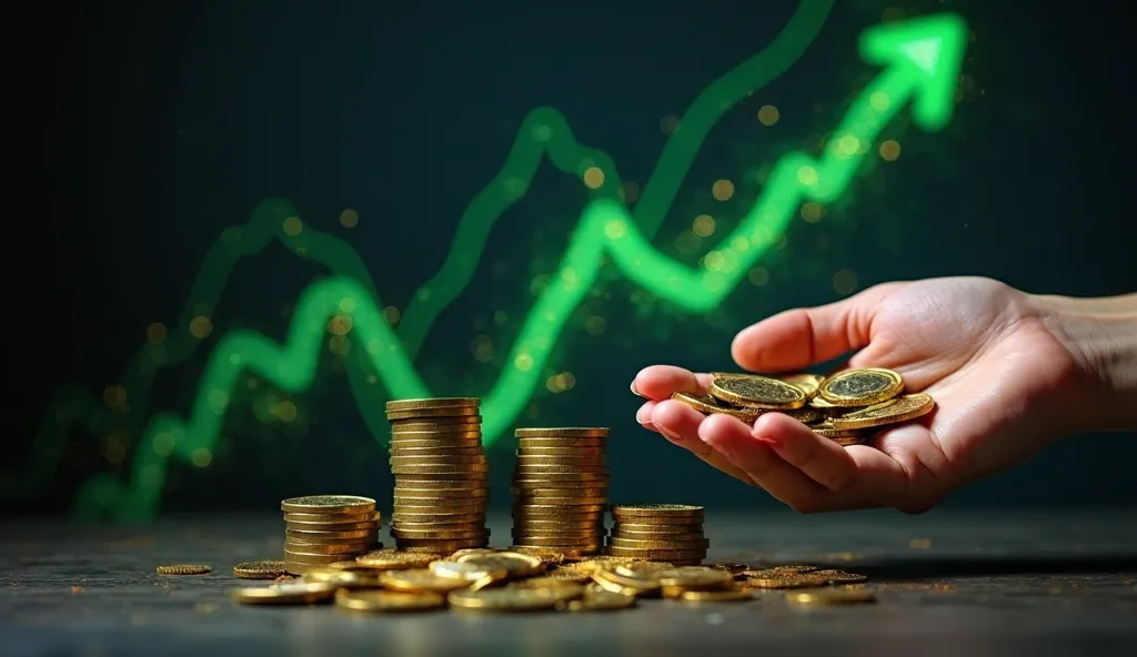  A scene with a dark and mysterious background. Elements of shiny coins, a hand holding them and green ascending graphs that represent financial growth with investments.  The lighting creates a dramatic effect , highlighting the lines of the graphics and t...