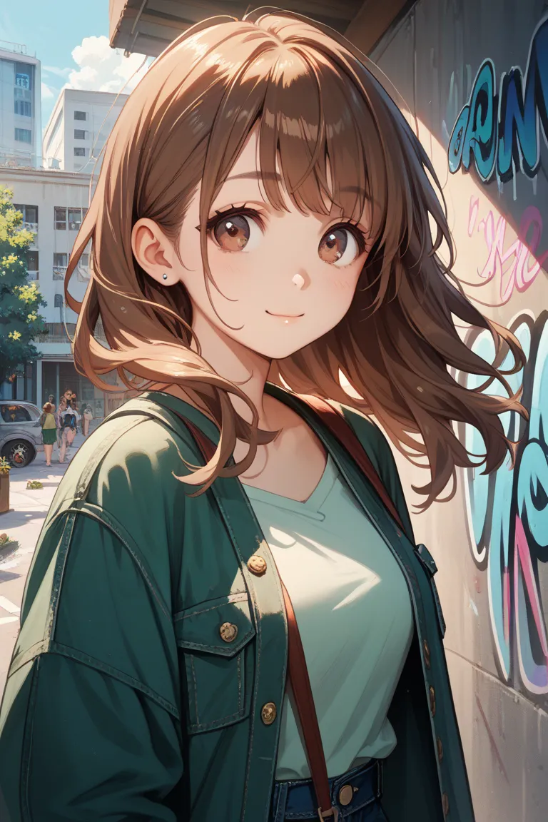 anime girl with long straight hair at the back hair and front portrait in front of a building, a character portrait, graffiti, by Zhou Jichang, casual , cute casual streetwear, green clothes,brown hair,Bangs, ,brown eye,more mature,