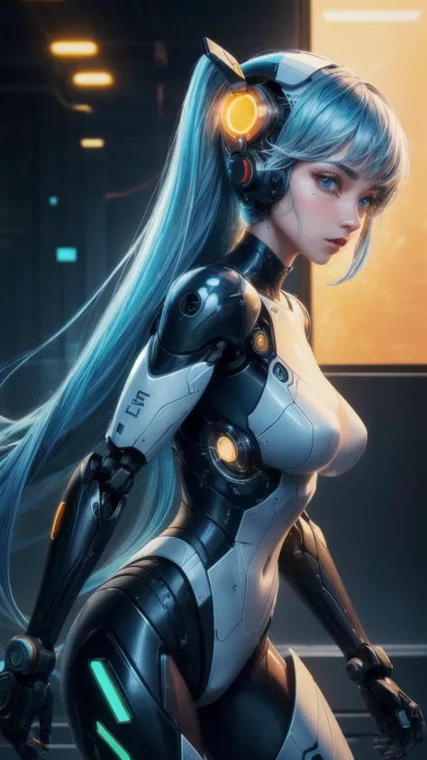 A futuristic side portrait of a sexy humanoid robot. The robot's body is made of translucent materials.,  and its internal structure is clearly visible ,  including circuit boards and light-emitting elements .  The robot has soft facial features with femin...