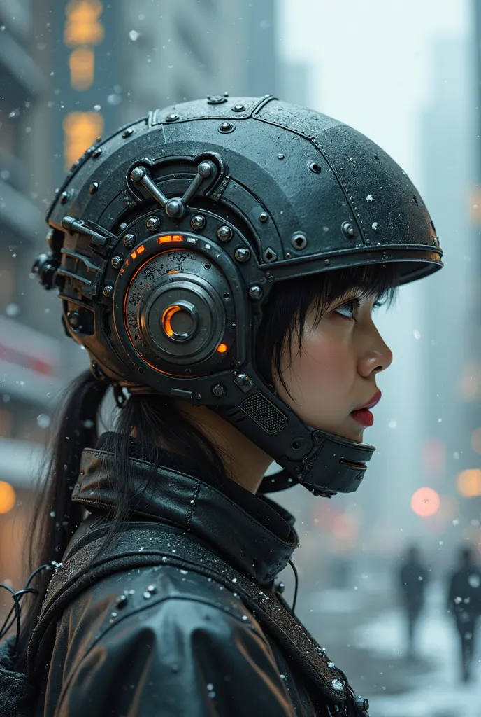 A cyberpunk-style futuristic helmet worn by a Japanese 20yo ((cute girl)). The helmet has intricate mechanical details, featuring metallic parts and glowing accents. Some of her hair is visible, and her face is shown in profile with a serious, focused expr...