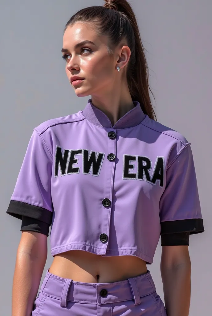 Design an image of a women's softball jacket with lilac colors and black letters that say the new era of women with buttons and fabric large garters short sleeves, The letters say The New Era  