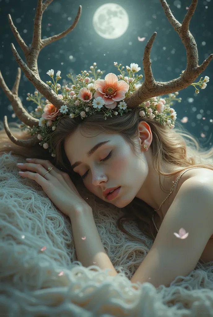  woman　Lie sideways　My eyes are closed 　Deer antlers that look like tree branches　Has the moon 　beautiful　mysterious　Flower crown　My face is slightly hidden by my hair
