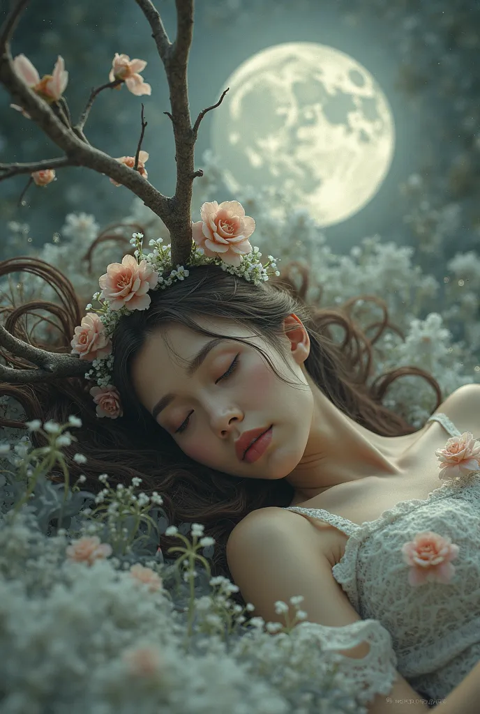  woman　Lie sideways　My eyes are closed 　Deer antlers that look like tree branches　Has the moon 　beautiful　mysterious　Flower crown　My face is slightly hidden by my hair
