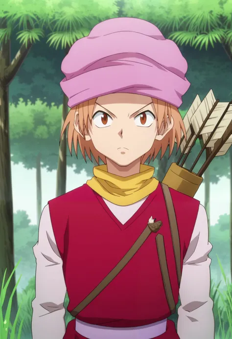 score_9, score_8_up, score_7_up, source_anime, rating_safe, intricate details, anime screencap, anime coloring, official style, looking at viewer, 1boy, solo, male focus, pokkle_hxh, brown hair, brown eyes, short hair, hat, arrow, \(projectile\), outdoors,...