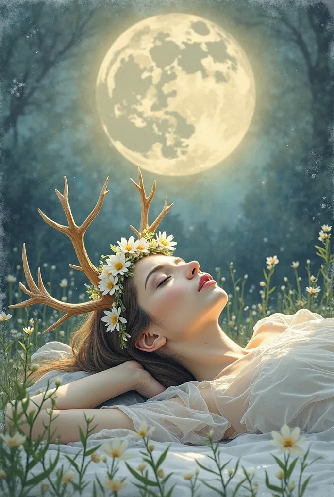 woman　Lie sideways　My eyes are closed 　Deer antlers that look like tree branches　Has the moon 　beautiful　mysterious　Flower crown　My face is slightly hidden by my hair　 watercolor