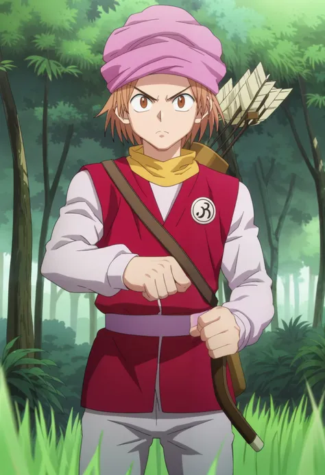 score_9, score_8_up, score_7_up, source_anime, rating_safe, intricate details, anime screencap, anime coloring, official style, looking at viewer, 1boy, solo, male focus, pokkle_hxh, brown hair, brown eyes, short hair, hat, arrow, \(projectile\), outdoors,...
