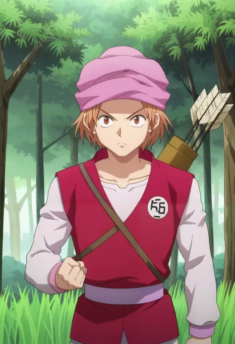 score_9, score_8_up, score_7_up, source_anime, rating_safe, intricate details, anime screencap, anime coloring, official style, looking at viewer, 1boy, solo, male focus, pokkle_hxh, brown hair, brown eyes, short hair, hat, arrow, \(projectile\), outdoors,...