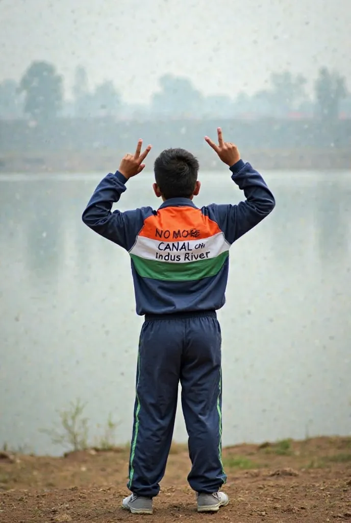 
"A  boy from Jammu and Kashmir stands on an open field with his back facing the camera. He is wearing a sporty suit with the words 'No More Canal on Indus River' printed on the back. His arms are raised, forming a 'V' sign with one hands. The background i...