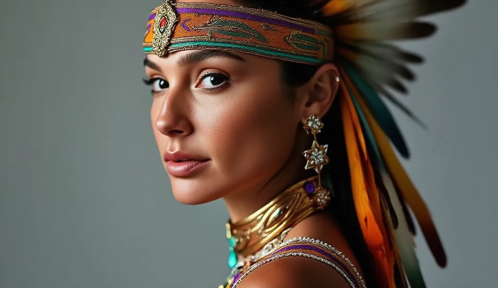 Close-up, depicting the face of a beautiful 22-year-old woman, wearing a low-cut traditional American Indian dress, with feathers on her head, high-resolution photo, 8k