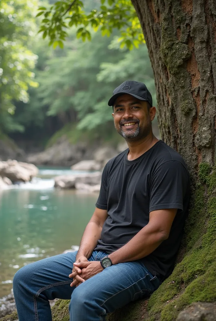 indonesian man,  40 years old , kinda fat clean face, wearing black sports hats, black t-shirt, blue jeans, smiling expression,  looking at camera , sitting on a large rockand leaning on a tree trunk, clear riverside background, lots of rocks and grass,  V...