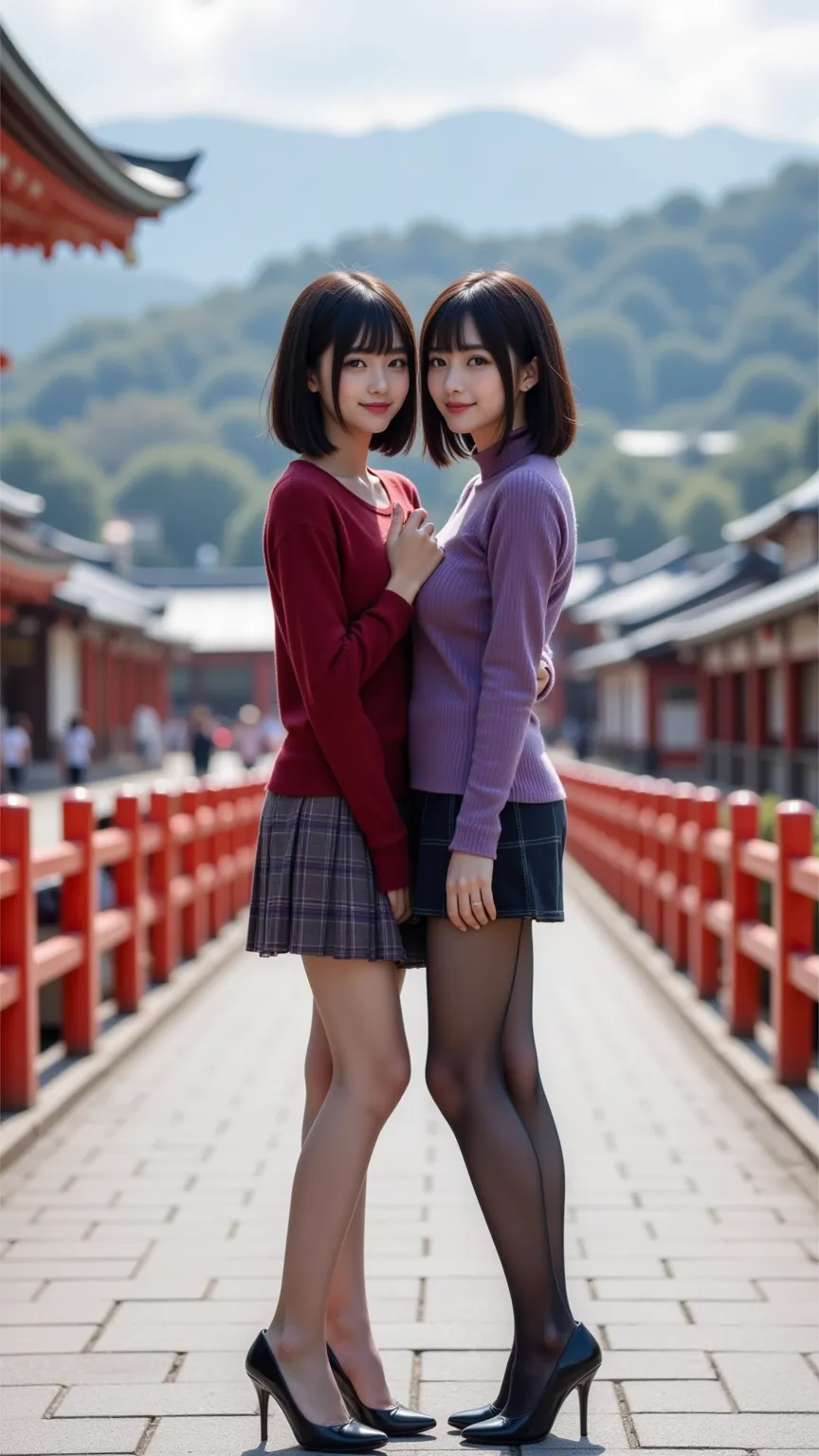 　8k、High Precision、The full view is clearly visible、 Please place the photo image 、precision images、full view is clearly visible without blurring、The background is clear、without blurring、Two women stand in front of Itsukushima Shrine in Hiroshima、1 woman h...