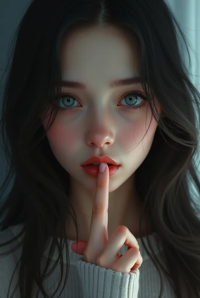 a young woman is holding her finger to her lips, 1girl, looking at viewer, blue eyes, black hair, solo focus, blurry, lips, eyelashes, blurry background, close-up, realistic
