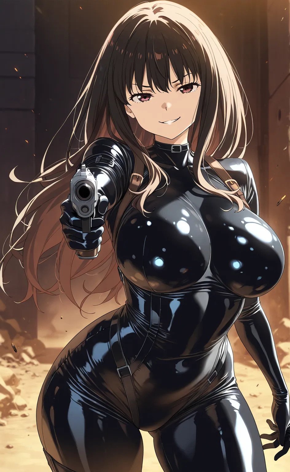 high resolution picture, masterpiece, best quality, amazing quality, official art,  front view, solo, 1girl,  Takina Inoue from Lycoris Recoil, 1girl, Takina Inoue,
clothes, black latex bodysuit, latex gloves, thick bodysuit, breasts,                      ...