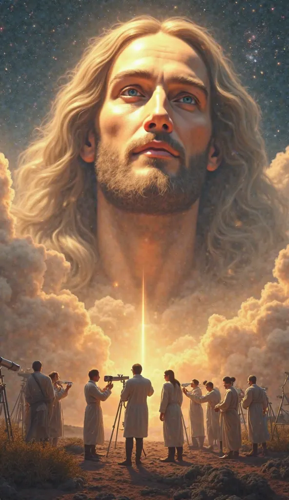 "Create a highly detailed 3D-style scene of the face of Jesus appearing in the sky, depicted with a serene and compassionate expression, surrounded by soft clouds and golden light. One of His eyes is playfully winking, adding a touch of warmth and mystery....