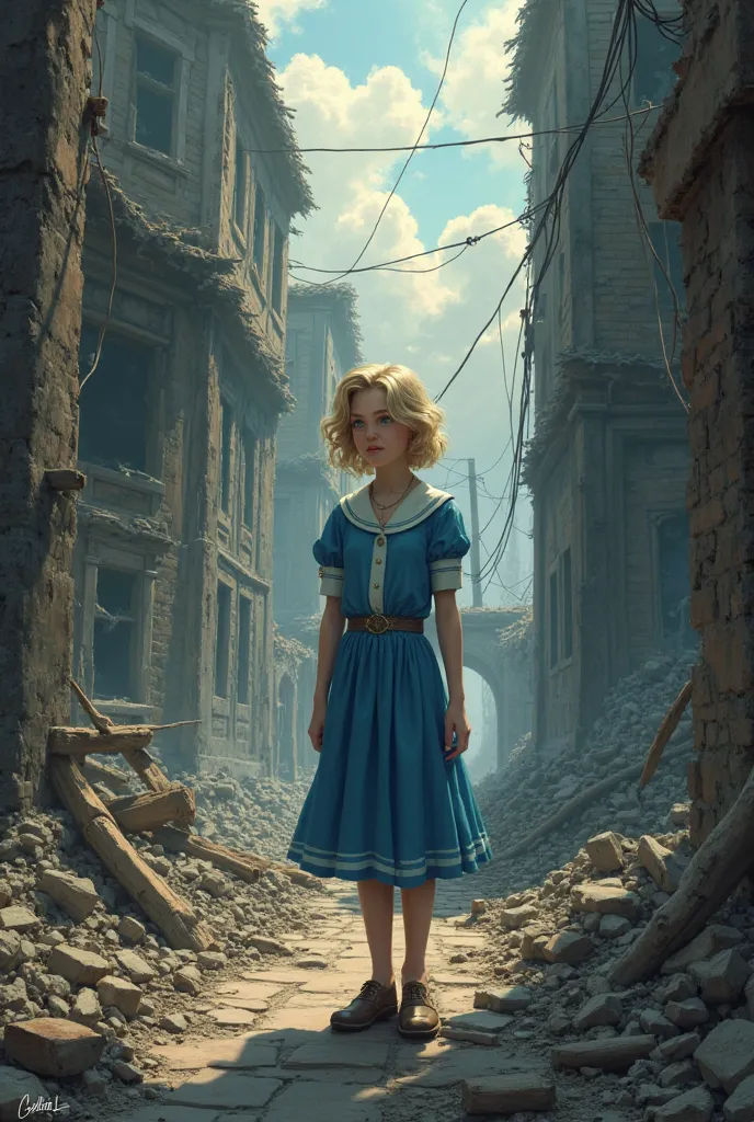 Make a girl of 18 with light blonde hair 1950’s style, blue eyes, 1940’s style of clothes that are blue, young features, in a half burned down 1800’s style house. Make her look a little sad.