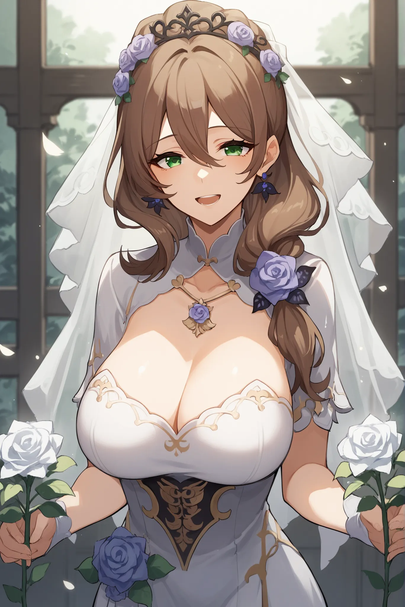 score_9, score_8_up, score_7_up, score_6_up, score_5_up, score_4_up, BREAK source_anime, 1girl, solo,
ChopioLisa, brown hair, long hair, hair between eyes, green eyes, looking at viewer,
mature female, large breasts,
Wedding,standing, light smile, open mou...