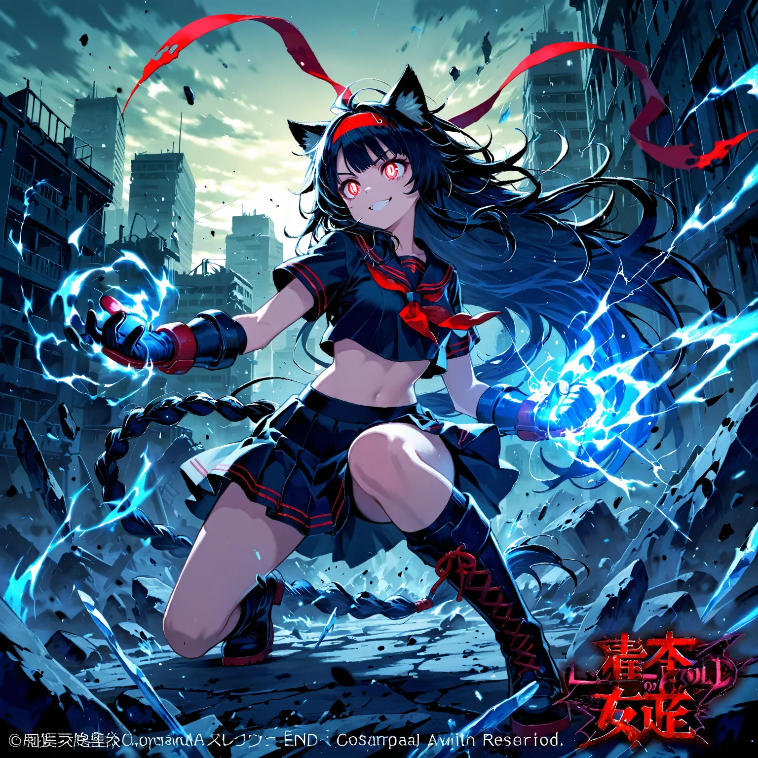 1 girl,messy hair with very long red braid,white eyes, confident smile, crop top,boots, dynamic pose,Destroyed City scenario ,ice aura,end of the world,Fighting against ,1 girl, long hair with bangs with headband,color black,red eyes,Lunatic smile,school u...