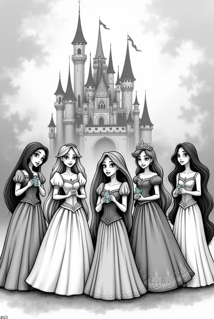 Create a drawing of six Disney princesses, which are Snow White, Little Red Riding Hood, Beauty and the Beast, Sleeping Beauty, Ramunzel, and Aurora. These princesses in a funny or crazy position, with their crystal bags. In the background, two clumsy witc...