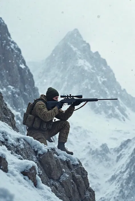 Soldier with a sniper in the snow on a mountain 