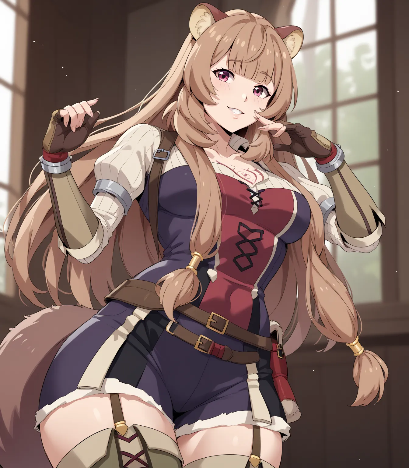 Raphtalia, purple outfit, black outfit, multicolored outfit.