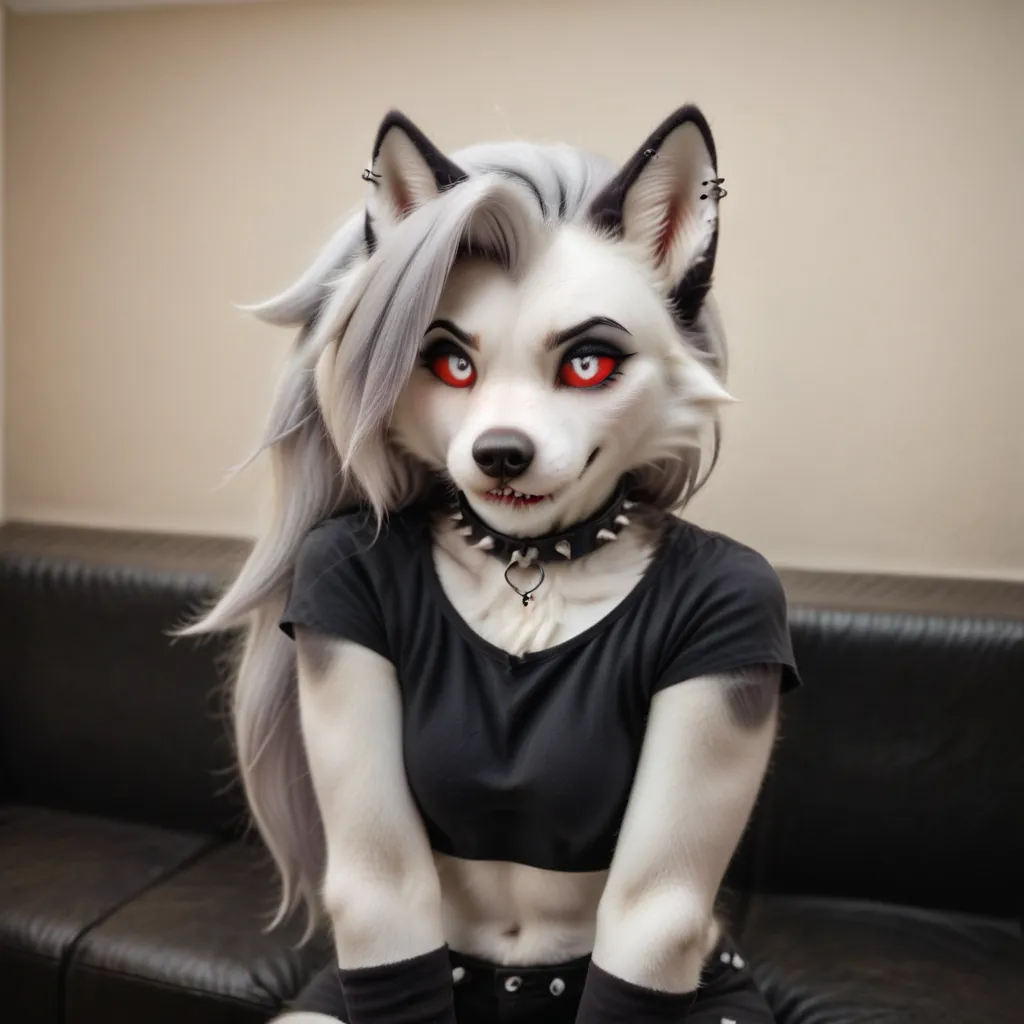 masterpiece, best quality, amazing quality, photo, girl, Loona, furry female, white fur, goth, goth girl, colored sclera, red sclera, white pupil, animal ears, red eyes, fingerless gloves, piercing, collar, sexy pose, seductive look, biting lip, nightclub ...