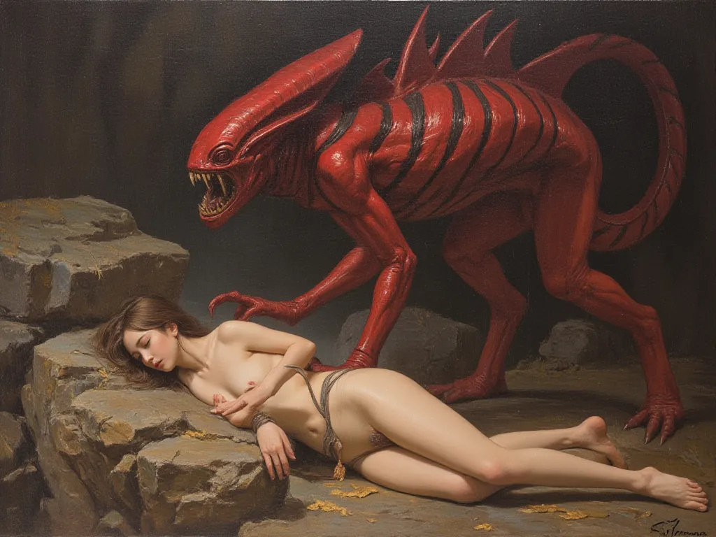 A fantasy painting of an alien creature with long arms and large claws standing over the body of beautiful woman lying on the ground. The monster has red skin with black stripes running down its back, its mouth is open showing sharp teeth. In front, there'...