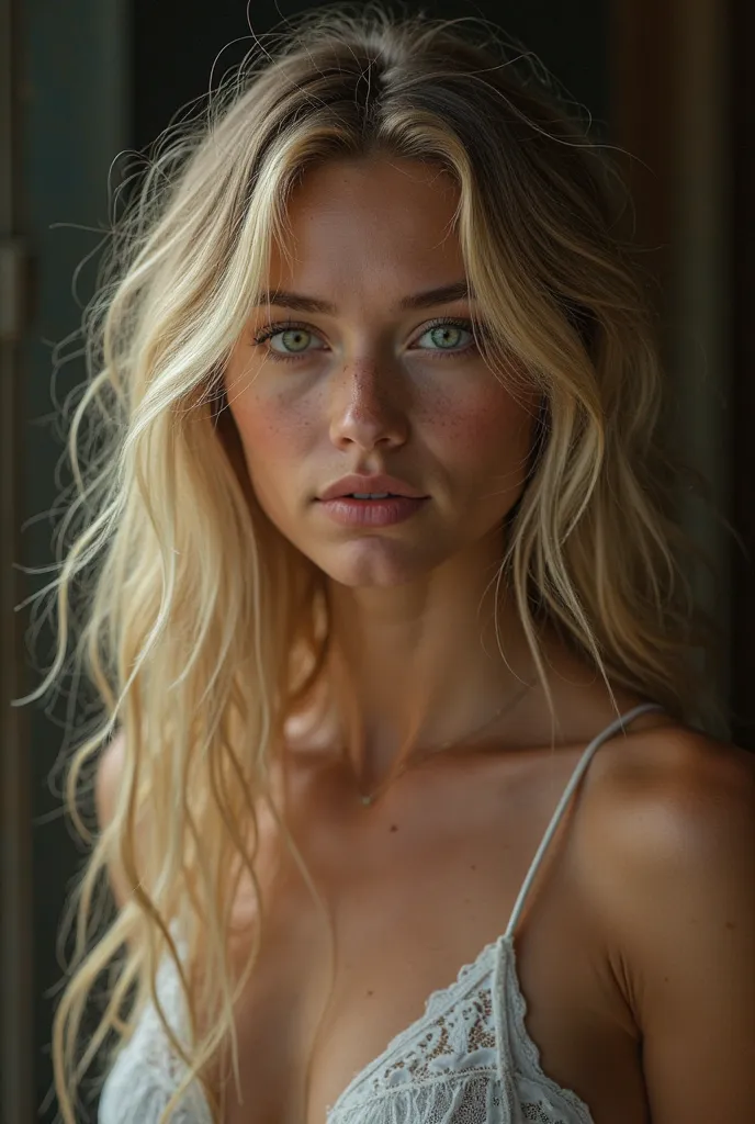 A highly detailed and realistic full body portrait of a sensual young woman with long, disheveled blond hair, delicate freckles and fascinating multicolored eyes. The lighting is soft and natural, projecting a magical and dramatic glow that enhances the mo...