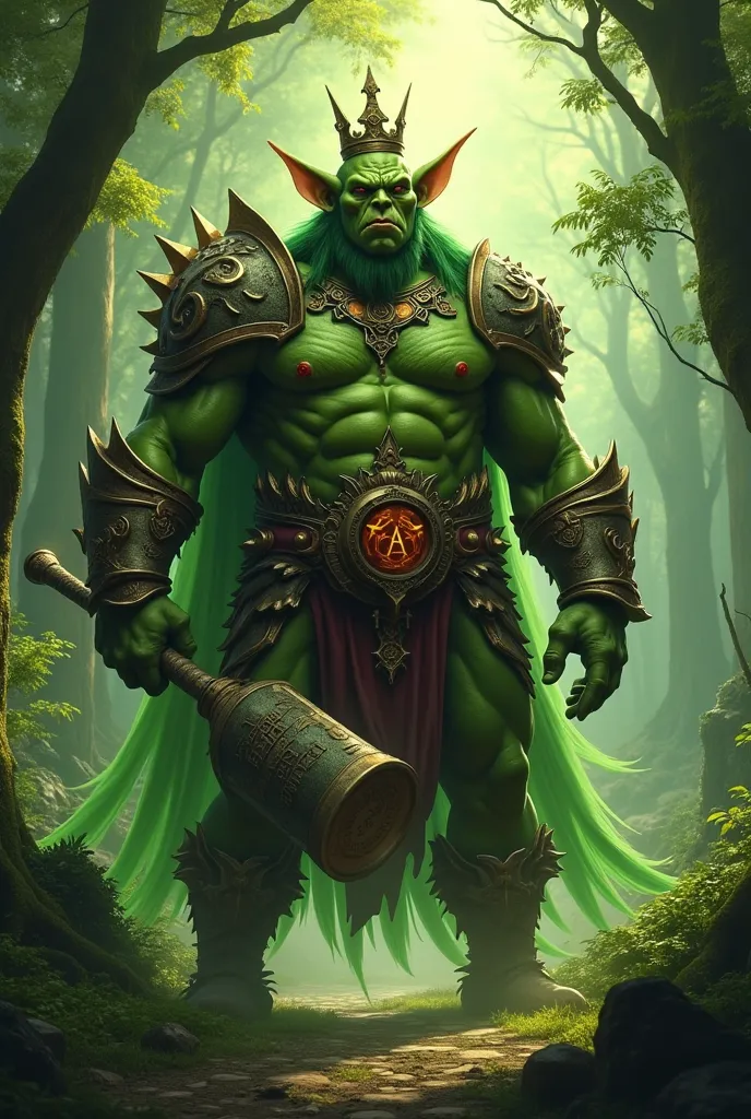 
Fantasy RPG, realistic, (one goblin king, huge body, crown on head, all green, big ears, hairless, naked but wearing armor, holding a large club detailed with ancient writing in one hand), standing in a forest, dramatic angle, cinematic, photorealistic, h...