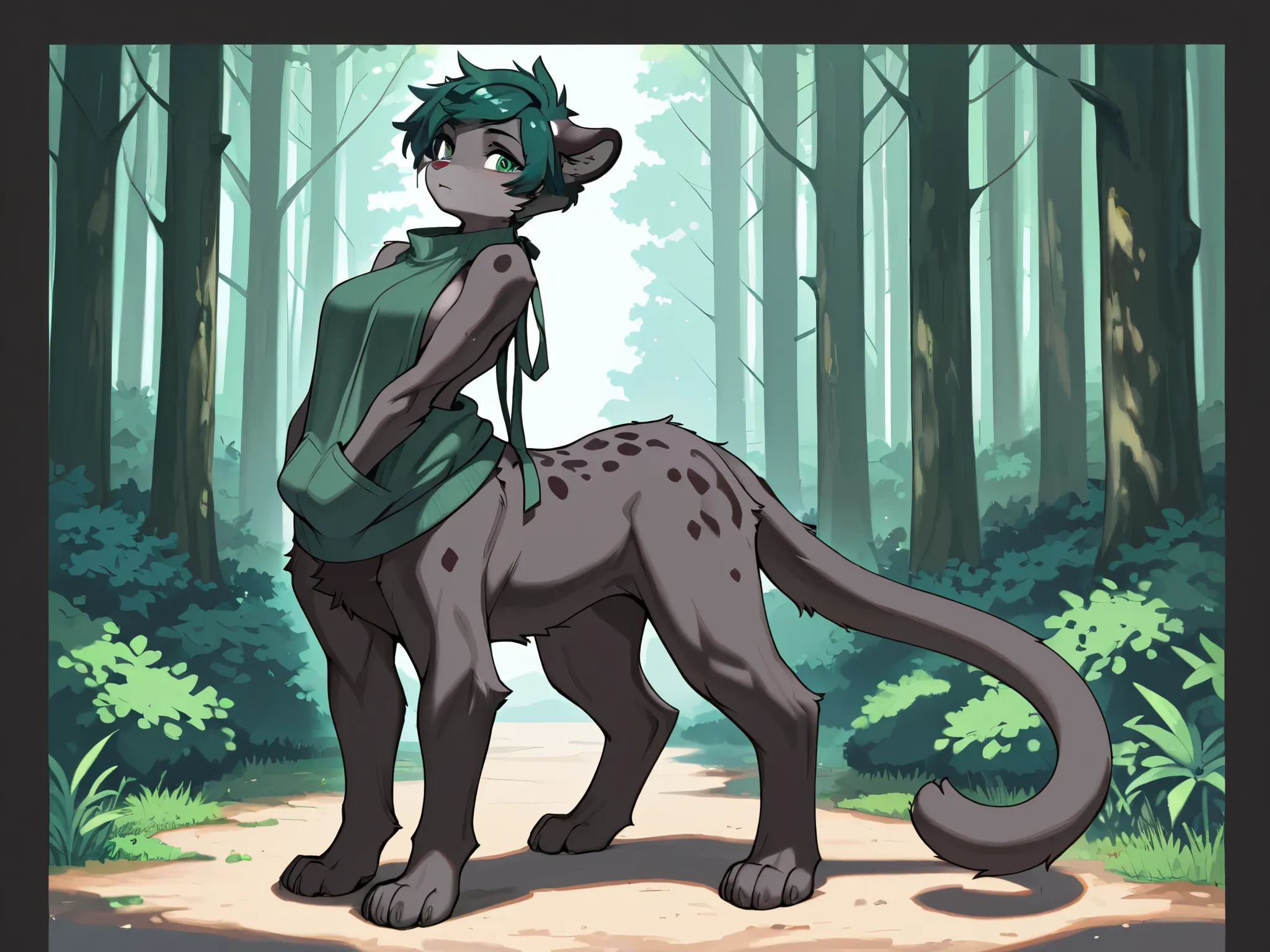 furry female leopard taur, tall, green eyes, black fur, short pixie cut forest green hair, black fur, dark grey spots, dark grey tummy, dark grey neck, dark grey chin, long tail, powerful athletic build, black fur, dark green virgin killer sweatshirt