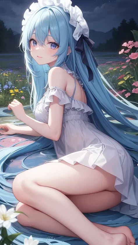 one girl, A girl with long blue hair,  smiling , happiness, The girl wearing a long white dress, The girl is lying in the middle of a wide area of flowers,A girl donates in an elegant manner ,  surrounded by beautiful flowers , calm and peaceful atmosphere...