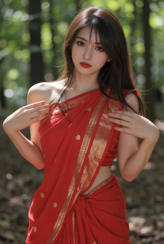 Masterpiece, Best quality 4k full body, Indian girls face , bold make-up, wearing red Saree and sleeveless blouse and red lipstick Ma durga standing two hands up showing her armpits in the forest wearing red Saree sleeveless blouse her body full of sweat 