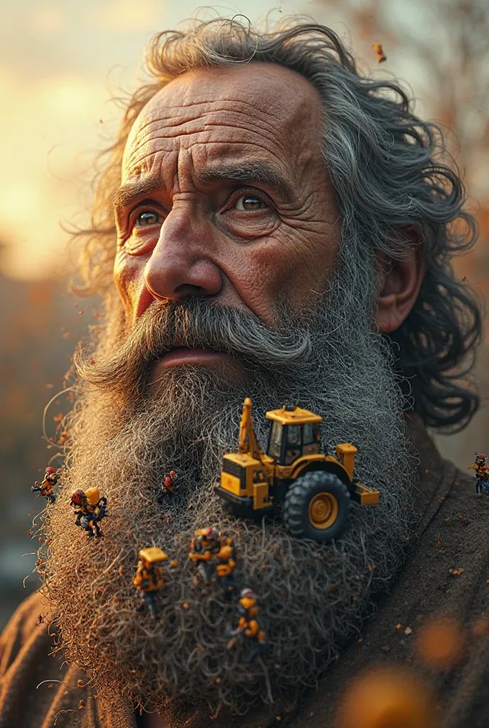 Here's your refined prompt with workers inside the beard:

"A hyper-realistic and natural-looking scene of a giant elderly man's face with a rugged, aged texture. His thick, unkempt beard is so large that it resembles a dense forest or a construction site....