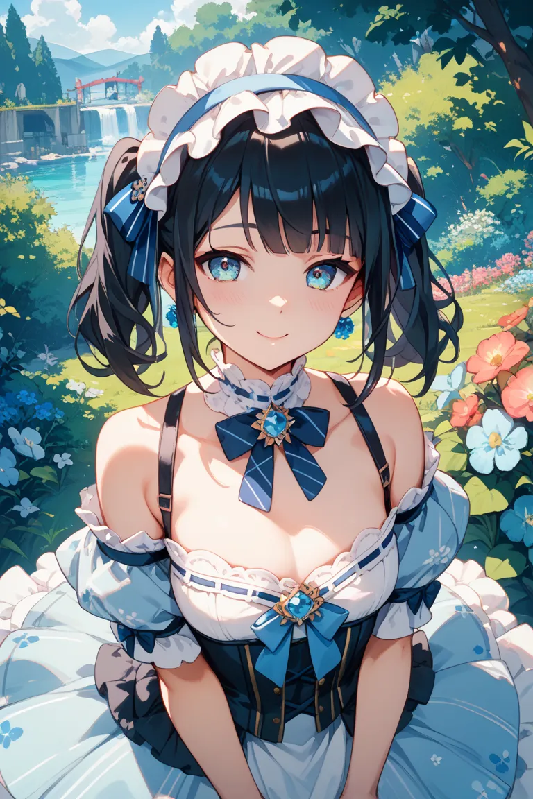 A Japanese girl with black hair、I'm wearing a light blue Lolita-style dress with a girly pattern that is as close to white as possible with bears and flowers。Please emphasize the chest。Also、Live action please 。