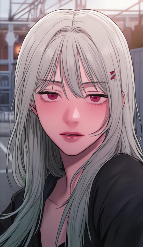 The image appears to be a selfie of an anime-style Rangraari person with straight hair,  white hair with green tips, elongated red eyes, he would be, taken in an outdoor environment. The lighting suggests that it could be at dusk, since the background has ...