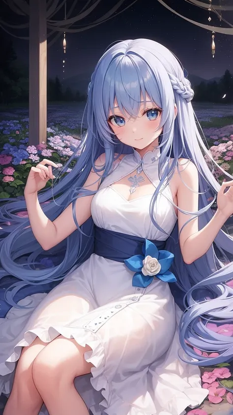 one girl, A girl with long blue hair,  smiling , happiness, The girl wearing a long white dress, The girl is lying in the middle of a wide area of flowers,A girl donates in an elegant manner ,  surrounded by beautiful flowers , calm and peaceful atmosphere...