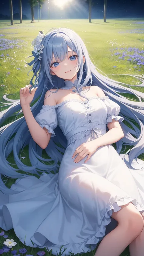 one girl, A girl with long blue hair,  smiling , happiness, The girl wearing a long white dress, The girl is lying in the middle of a wide area of flowers,A girl donates in an elegant manner ,  surrounded by beautiful flowers , calm and peaceful atmosphere...