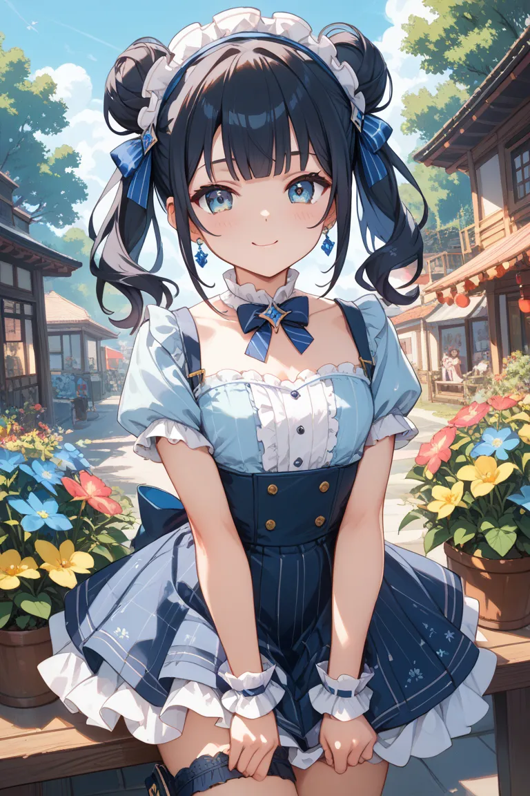 A Japanese girl with black hair、I'm wearing a light blue Lolita-style setup with a girly pattern that's as close to white as possible with bears and flowers。Since it's a setup、The lower body is underpants and the length is short。Please emphasize the chest。...