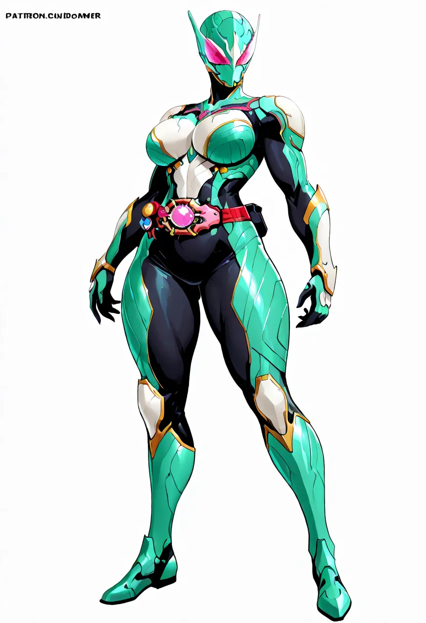 Top quality, full body, standing, from front,looking at viewer, white background. no human features,1girl,breasts,large breasts,thick thighs,bodysuit,Bio Gel Armor,rider belt