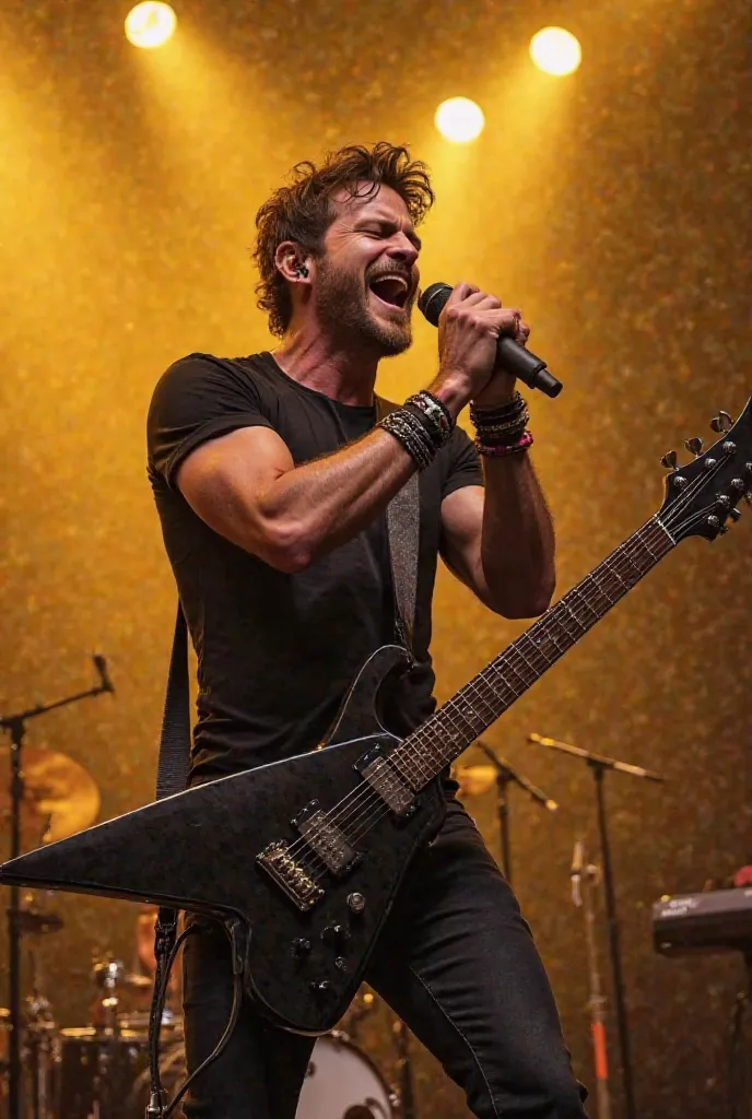 A passionate male rock singer performing live on stage, gripping a microphone with both hands and singing with intense emotion. He has a strong, well-built physique, short wavy hair styled naturally, and a light beard. He is wearing a fitted black t-shirt,...