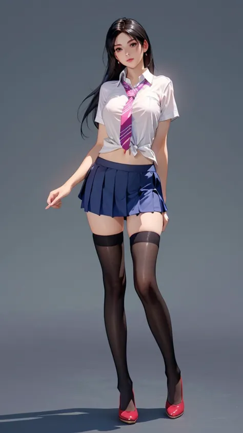 there is a woman in a short skirt and a tie posing, a hyperrealistic schoolgirl, hyperrealistic schoolgirl, sexy look, very sexy outfit, thighhighs and skirt, sexy outfit, sexy girl wearing shorts, hot-pants, realistic schoolgirl, cosplay, sexy style, anim...