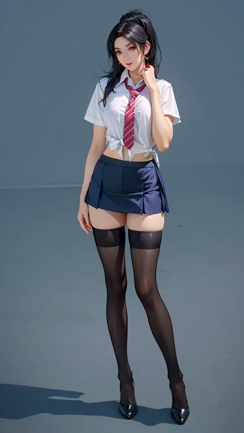 there is a woman in a short skirt and a tie posing, a hyperrealistic schoolgirl, hyperrealistic schoolgirl, sexy look, very sexy outfit, thighhighs and skirt, sexy outfit, sexy girl wearing shorts, hot-pants, realistic schoolgirl, cosplay, sexy style, anim...