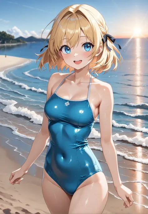 an anime style female character, tokimatsuri eve, megazone23, solo,
smile,open mouth,  
cowboy shot, walking at beach, BREAK 8k, 32k, UHD, (Masterpiece:1.2), (Best Quality:1.2), (Very Aesthetic:1.2), (Absurdres:1.2),  anime shading, anime lighting,
