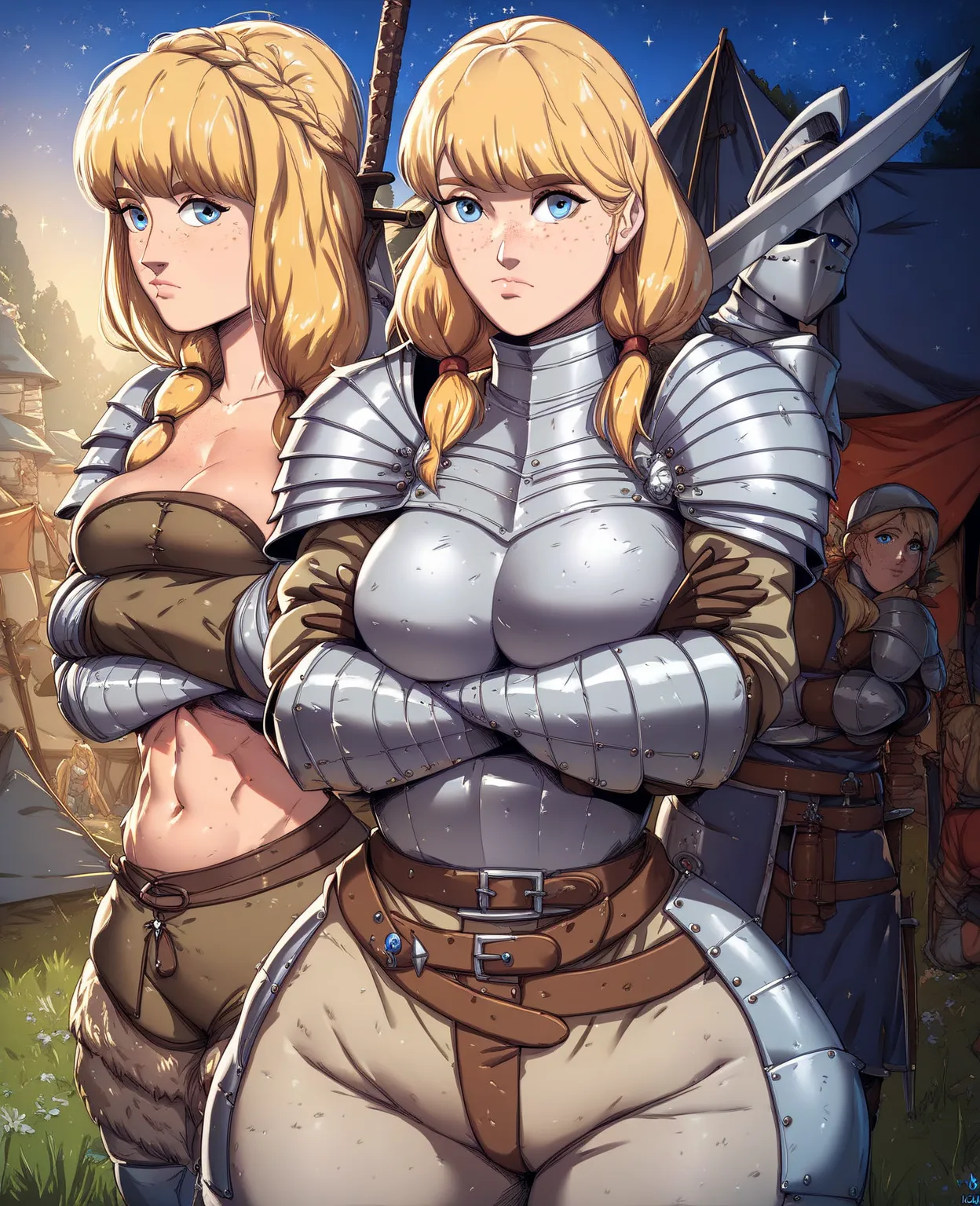 ((Beautiful girl,blonde hair,blue eyes,freckles,light-skin,full bangs,low pigtails,wearing knight armor with sword on her back,wide hips,middle breasts)),(((Background of night medieval camp,stand crossing arms,normal mood,front view)))