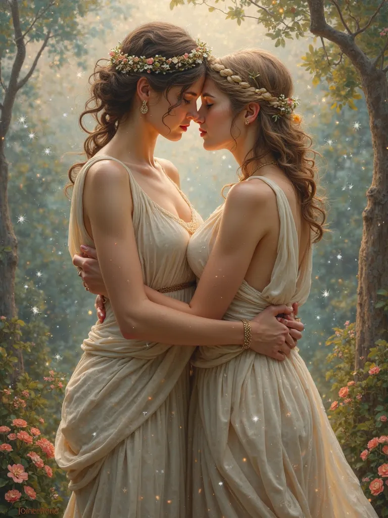 Goddess Athena embraced with the goddess Aphrodite in love