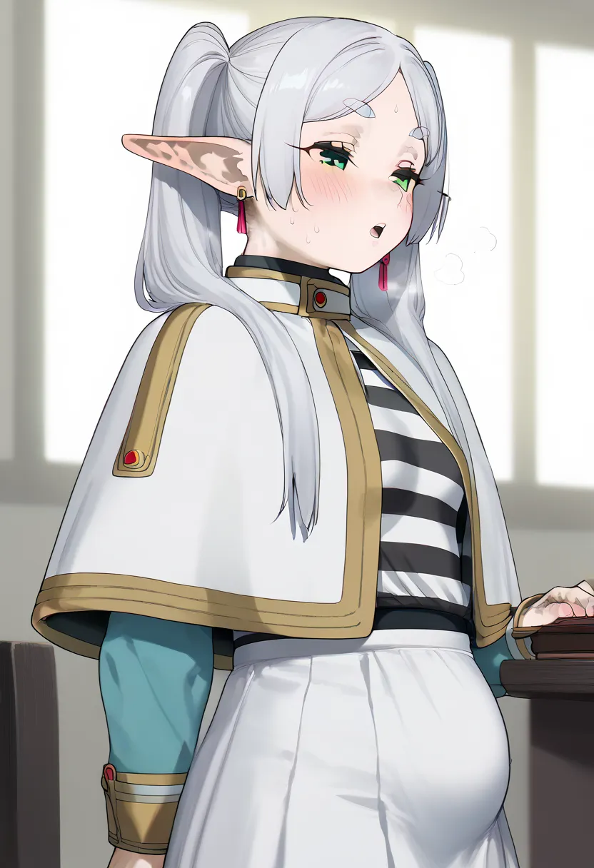   1girl  , alone, alone:2, zzFrieren, long hair, twintails, green eyes, grey hair, pointy ears, elf, shirt, long sleeves, jewelry, earrings, striped, capelet, striped shirt, white skirt, black pantyhose,,((、flat breasts))、standing、 sweaty body、Wrinkled fac...