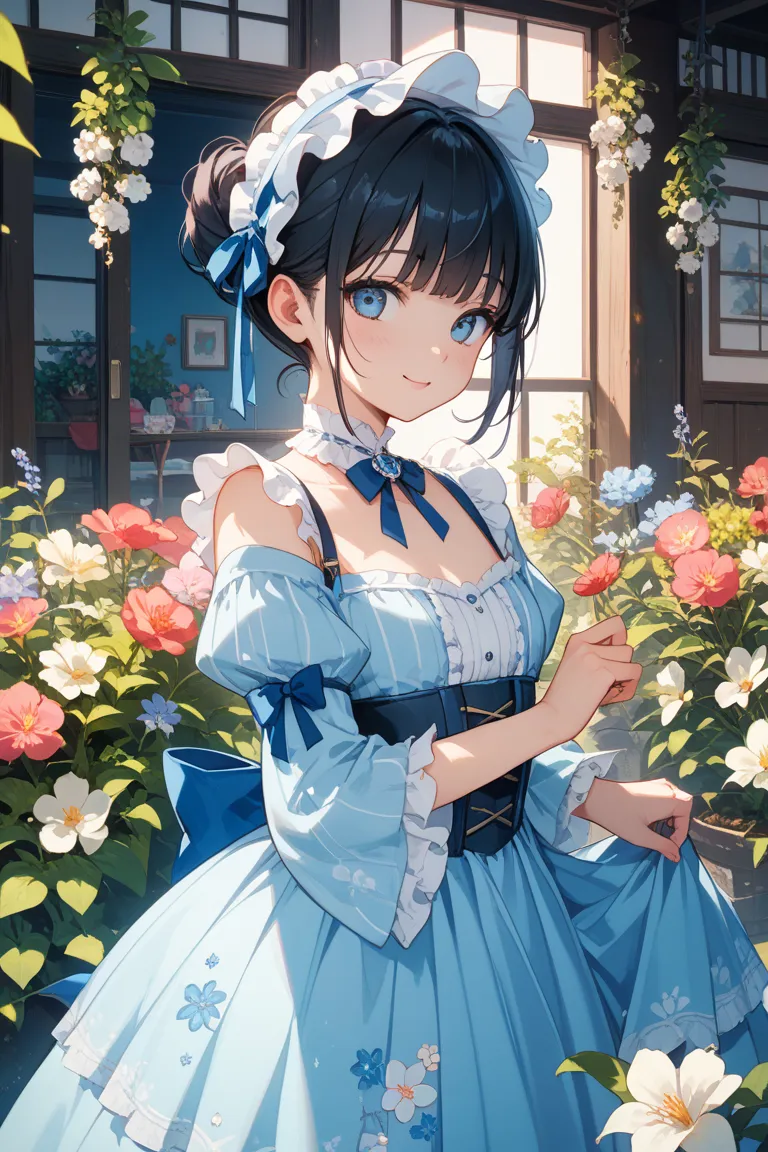 A Japanese girl with black hair、I'm wearing a light blue Lolita-style setup with a girly pattern that's as close to white as possible with bears and flowers。Since it's a setup、Well then the half body is like a short dress、The lower body is short and the le...