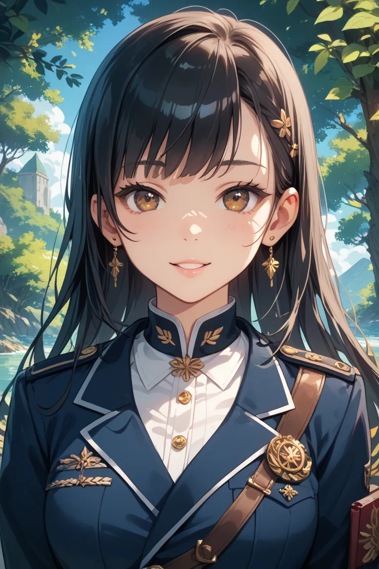 This image contains、 depicts a young woman with long, straight black hair。 her hair is slightly split in the middle 、 gently framing her face 。 her large, expressive brown eyes have dark eyelashes 、Her eyebrows are well-groomed 。 her skin is bright and smo...