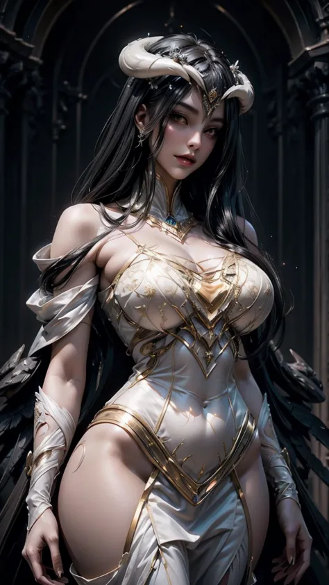 **Prompt:**  
"Super realistic illustration of Albedo from Overlord, stunningly beautiful and sexy, wearing an elegant and luxurious white wedding dress. The dress is form-fitting, highlighting her curvaceous figure and enormous breasts, with intricate lac...